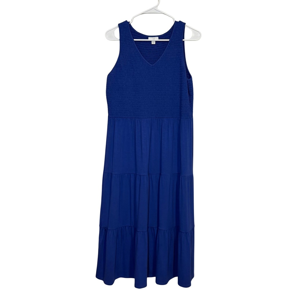 J. Jill Royal Blue Smocked Tiered Sleeveless Midi Pocket Classic Dress M